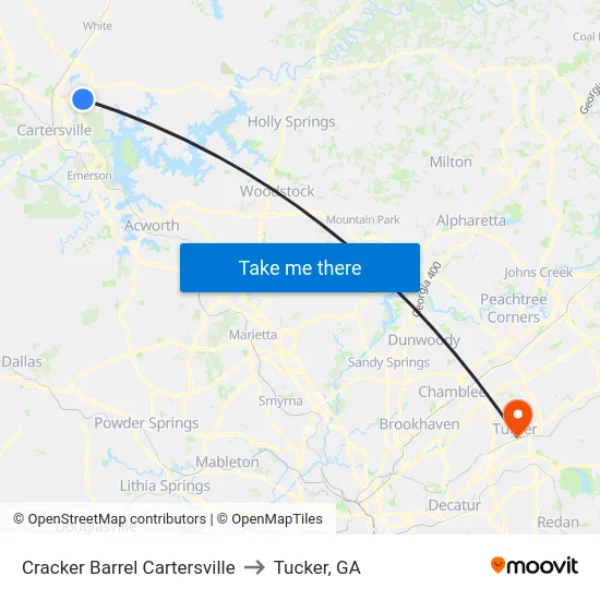 Cracker Barrel Cartersville to Tucker, GA map