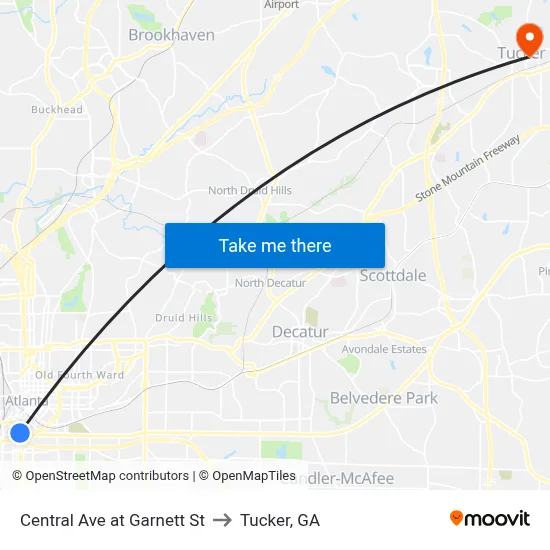 Central Ave at Garnett St to Tucker, GA map