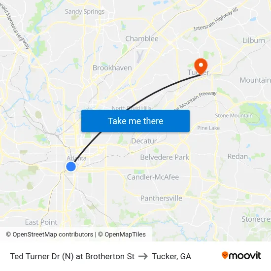 Ted Turner Dr (N) at Brotherton St to Tucker, GA map