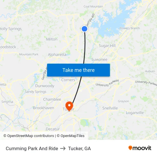 Cumming Park And Ride to Tucker, GA map