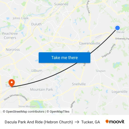 Dacula Park And Ride (Hebron Church) to Tucker, GA map