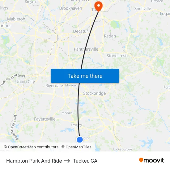 Hampton Park And Ride to Tucker, GA map