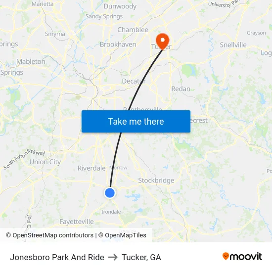 Jonesboro Park And Ride to Tucker, GA map