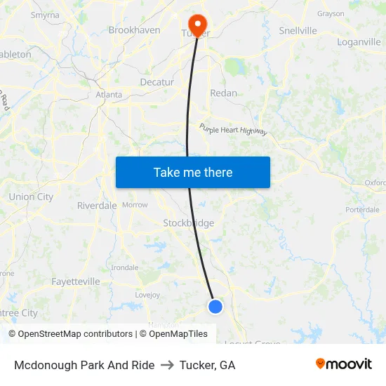 Mcdonough Park And Ride to Tucker, GA map