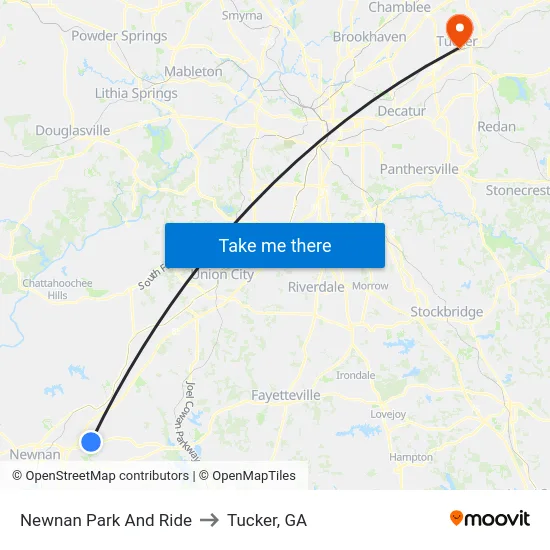 Newnan Park And Ride to Tucker, GA map