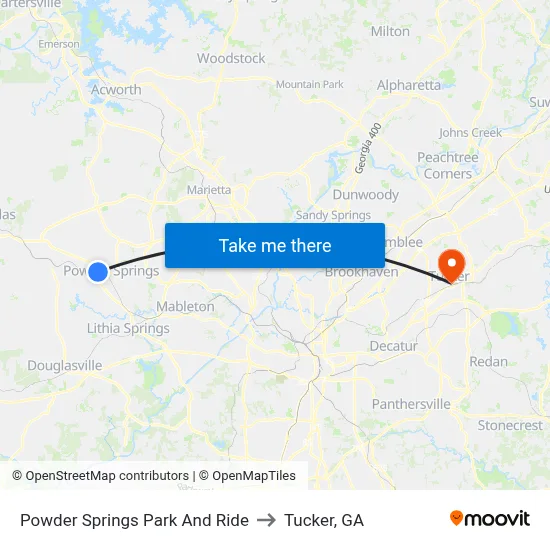 Powder Springs Park And Ride to Tucker, GA map