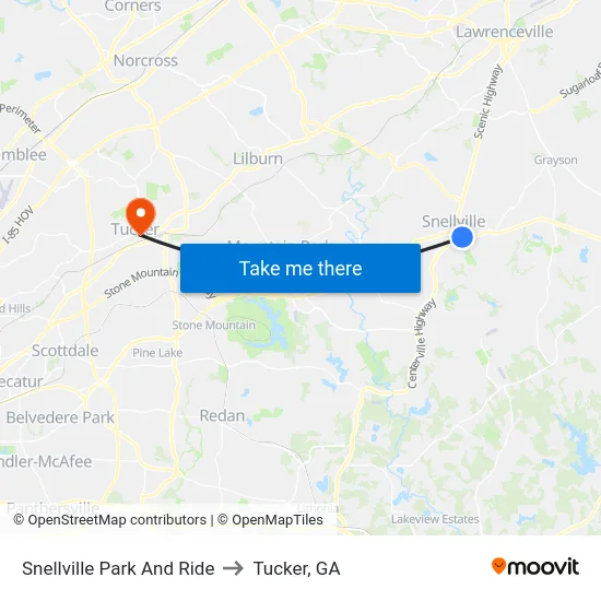 Snellville Park And Ride to Tucker, GA map