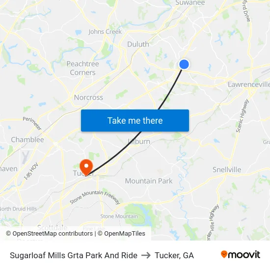 Sugarloaf Mills Grta Park And Ride to Tucker, GA map
