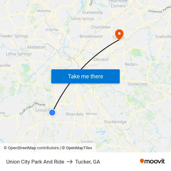 Union City Park And Ride to Tucker, GA map
