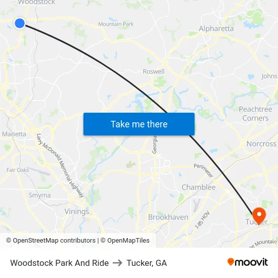 Woodstock Park And Ride to Tucker, GA map