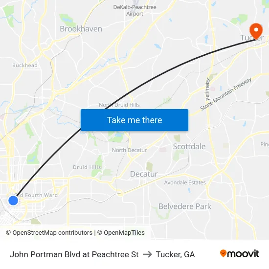 John Portman Blvd at Peachtree St to Tucker, GA map