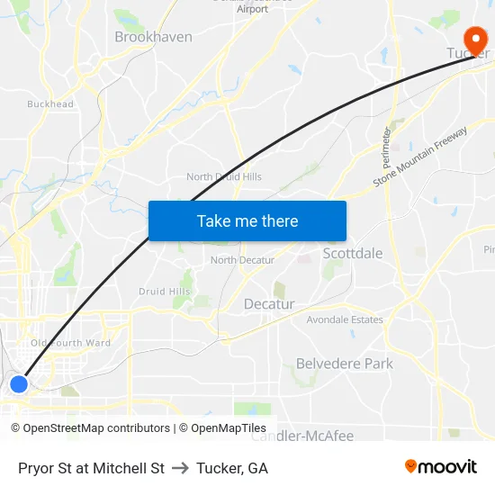 Pryor St at Mitchell St to Tucker, GA map