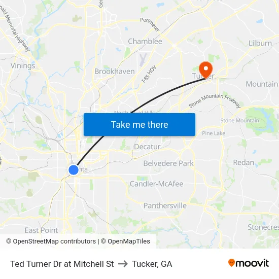 Ted Turner Dr at Mitchell St to Tucker, GA map