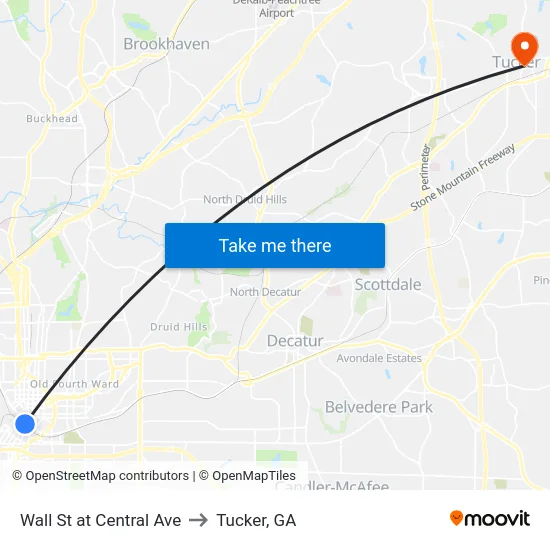 Wall St at Central Ave to Tucker, GA map