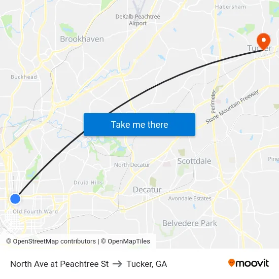 North Ave at Peachtree St to Tucker, GA map