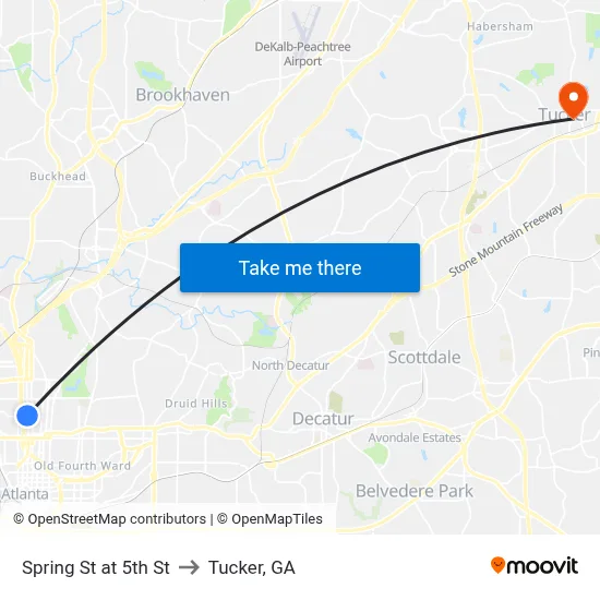 Spring St at 5th St to Tucker, GA map