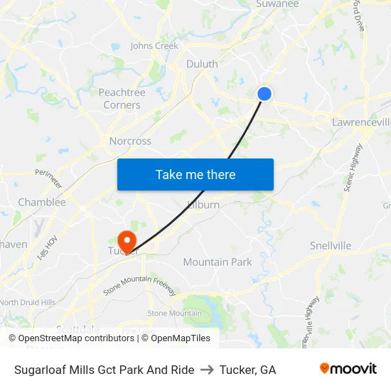 Sugarloaf Mills Gct Park And Ride to Tucker, GA map