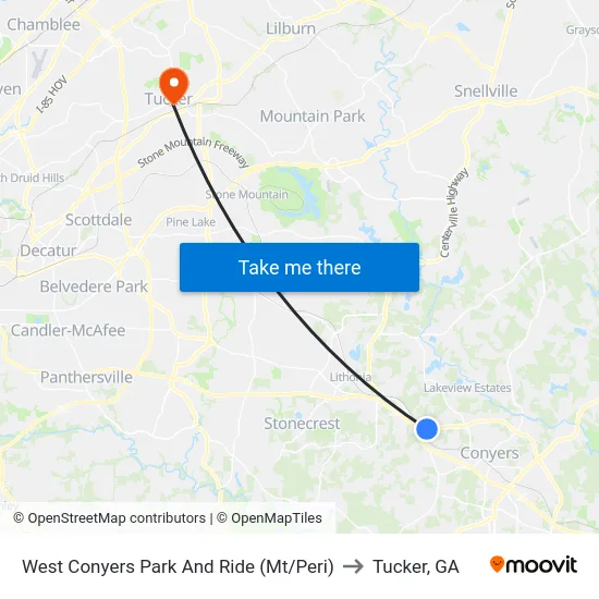 West Conyers Park And Ride (Mt/Peri) to Tucker, GA map