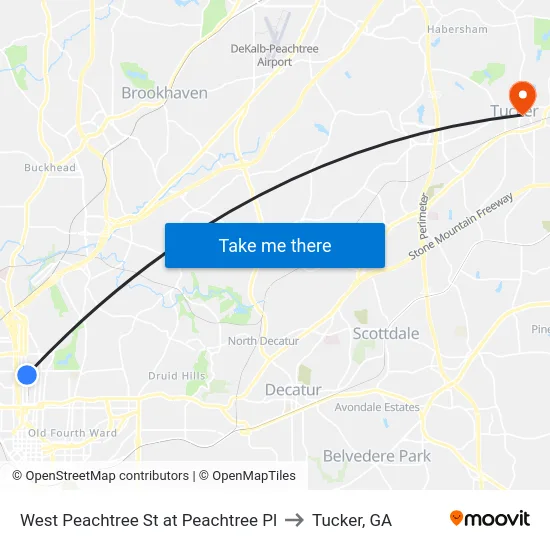 West Peachtree St at Peachtree Pl to Tucker, GA map