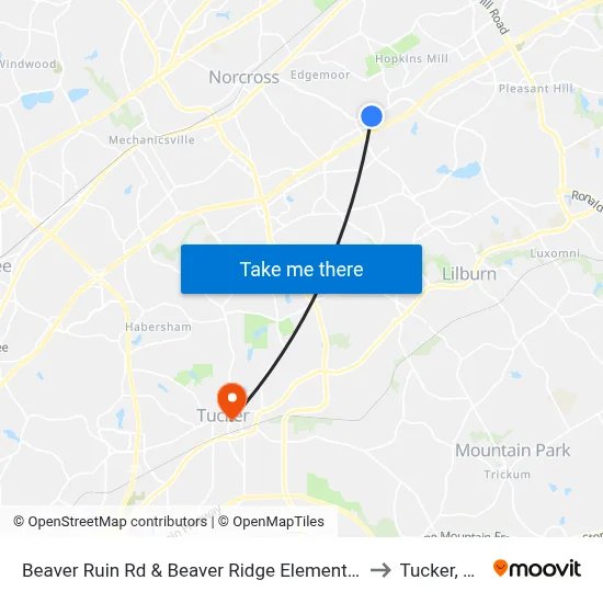 Beaver Ruin Rd & Beaver Ridge Elementary to Tucker, GA map