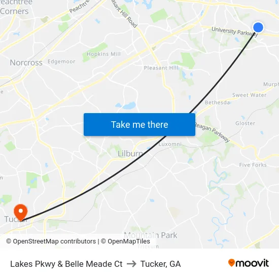 Lakes Pkwy & Belle Meade Ct to Tucker, GA map