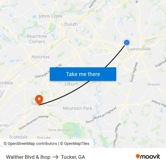 Walther Blvd & Ihop to Tucker, GA map