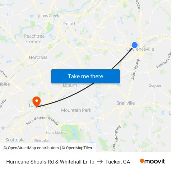 Hurricane Shoals Rd & Whitehall Ln Ib to Tucker, GA map