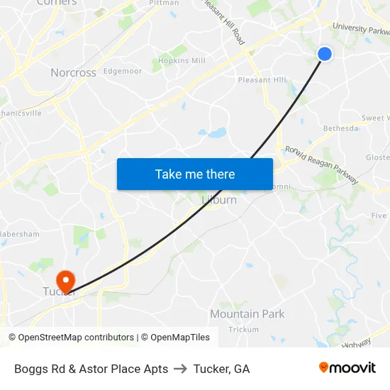 Boggs Rd & Astor Place Apts to Tucker, GA map