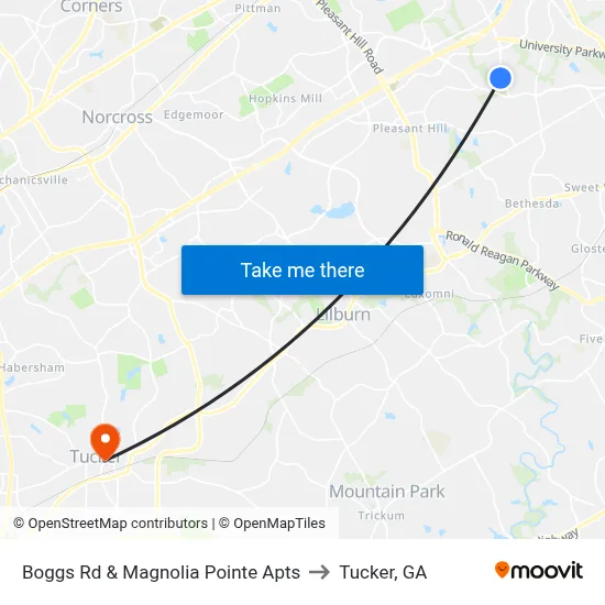 Boggs Rd & Magnolia Pointe Apts to Tucker, GA map