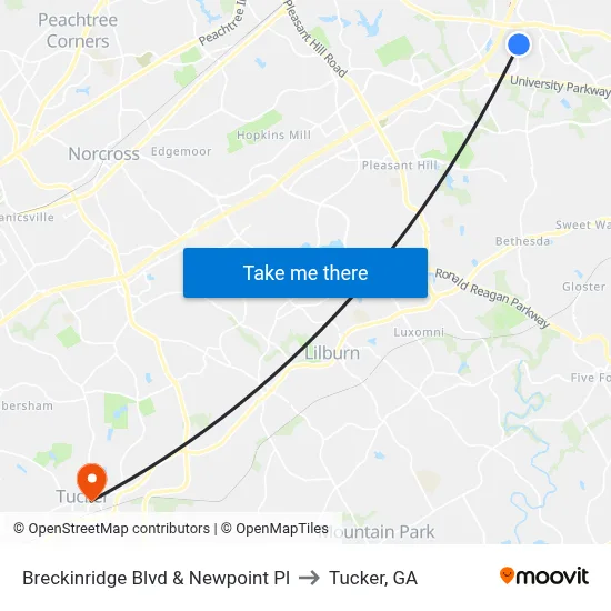 Breckinridge Blvd & Newpoint Pl to Tucker, GA map