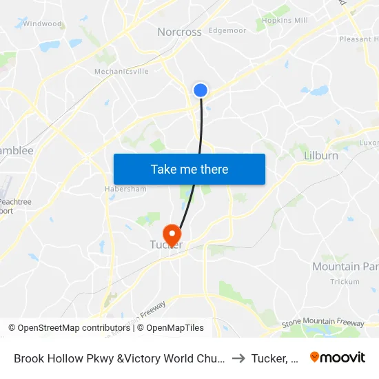 Brook Hollow Pkwy &Victory World Church to Tucker, GA map
