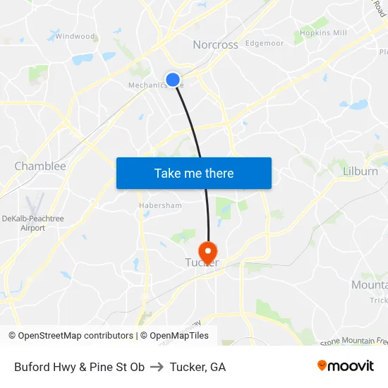 Buford Hwy & Pine St Ob to Tucker, GA map