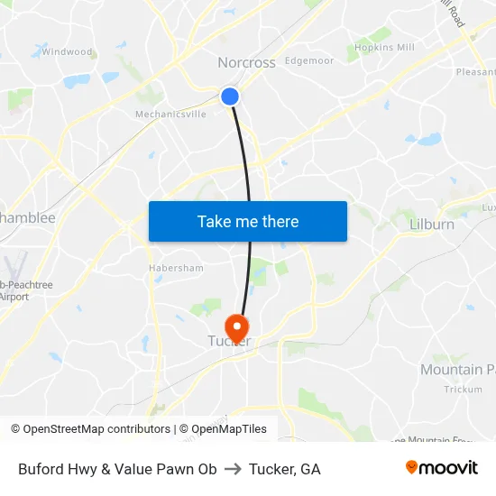 Buford Hwy & Value Pawn Ob to Tucker, GA map