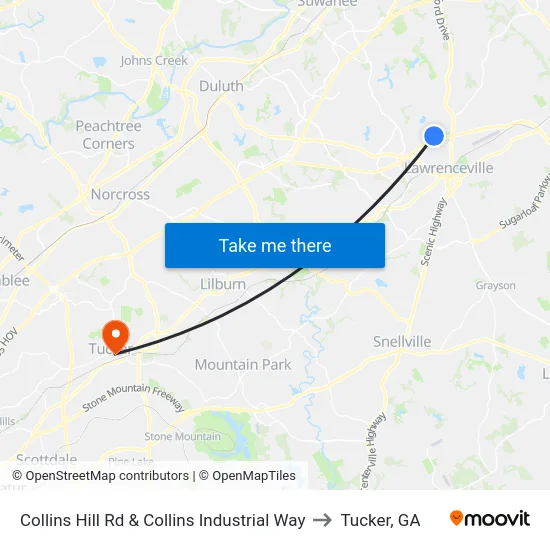 Collins Hill Rd & Collins Industrial Way to Tucker, GA map