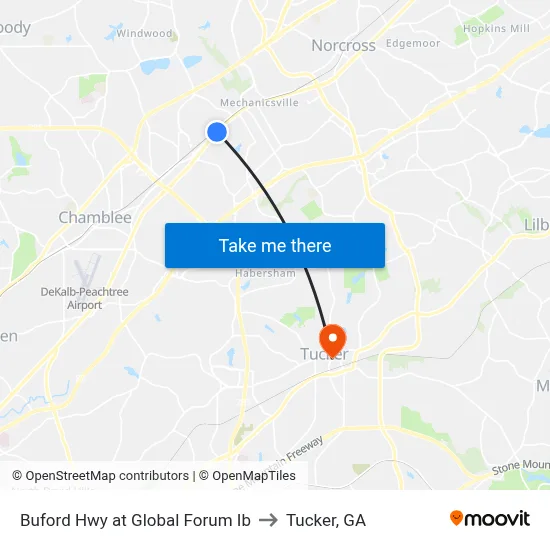 Buford Hwy at Global Forum Ib to Tucker, GA map