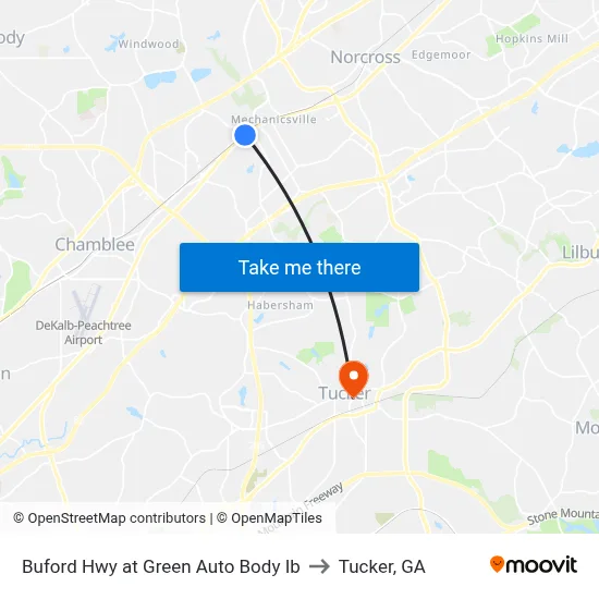 Buford Hwy at Green Auto Body Ib to Tucker, GA map