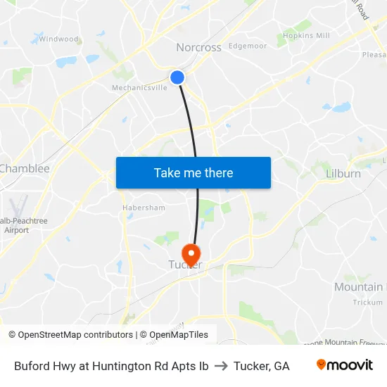 Buford Hwy at Huntington Rd Apts Ib to Tucker, GA map