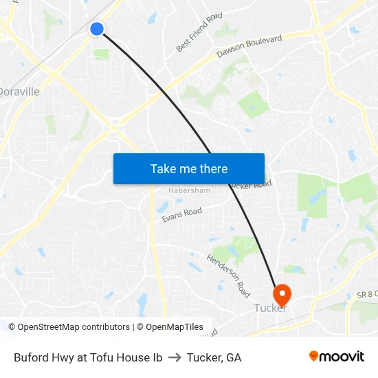 Buford Hwy at Tofu House Ib to Tucker, GA map