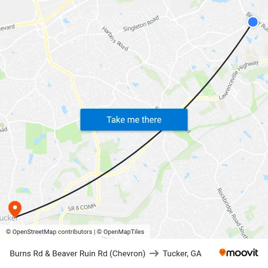 Burns Rd & Beaver Ruin Rd (Chevron) to Tucker, GA map
