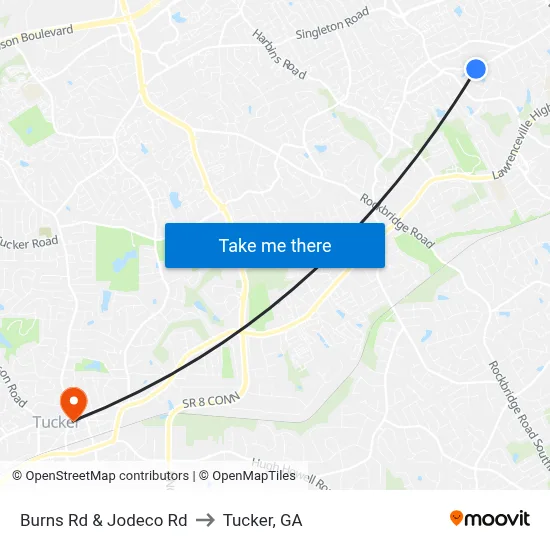 Burns Rd & Jodeco Rd to Tucker, GA map
