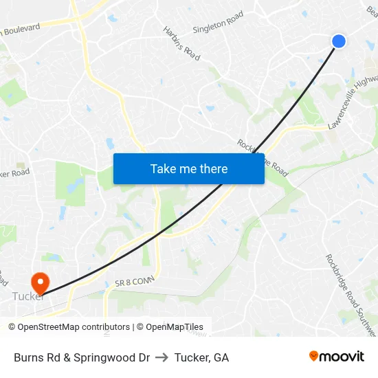 Burns Rd & Springwood Dr to Tucker, GA map