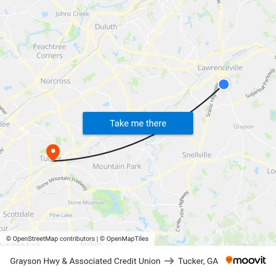 Grayson Hwy & Associated Credit Union to Tucker, GA map