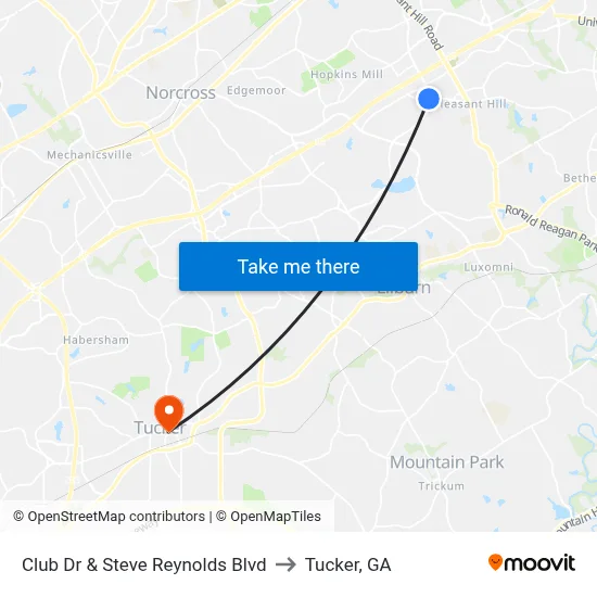 Club Dr & Steve Reynolds Blvd to Tucker, GA map