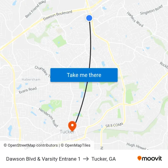 Dawson Blvd & Varsity Entrane 1 to Tucker, GA map