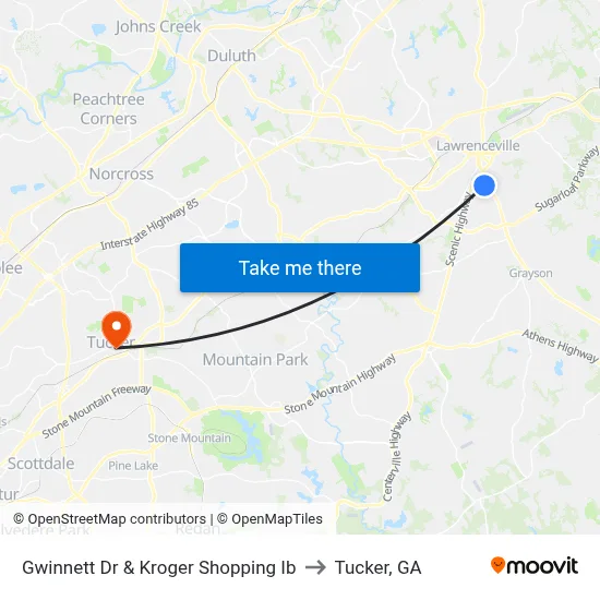 Gwinnett Dr & Kroger Shopping Ib to Tucker, GA map