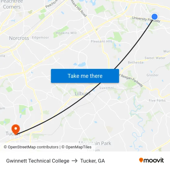 Gwinnett Technical College to Tucker, GA map