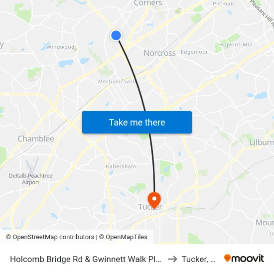 Holcomb Bridge Rd & Gwinnett Walk Plaza to Tucker, GA map