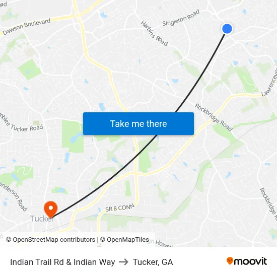 Indian Trail Rd & Indian Way to Tucker, GA map