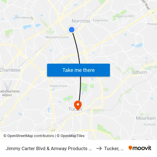 Jimmy Carter Blvd & Amway Products Dist to Tucker, GA map