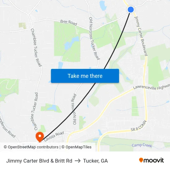 Jimmy Carter Blvd & Britt Rd to Tucker, GA map